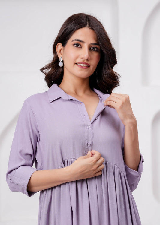 Lavender Solid Flared Maternity Dress For Women | LASVINI - Redefining Indian Fashion with Elegance