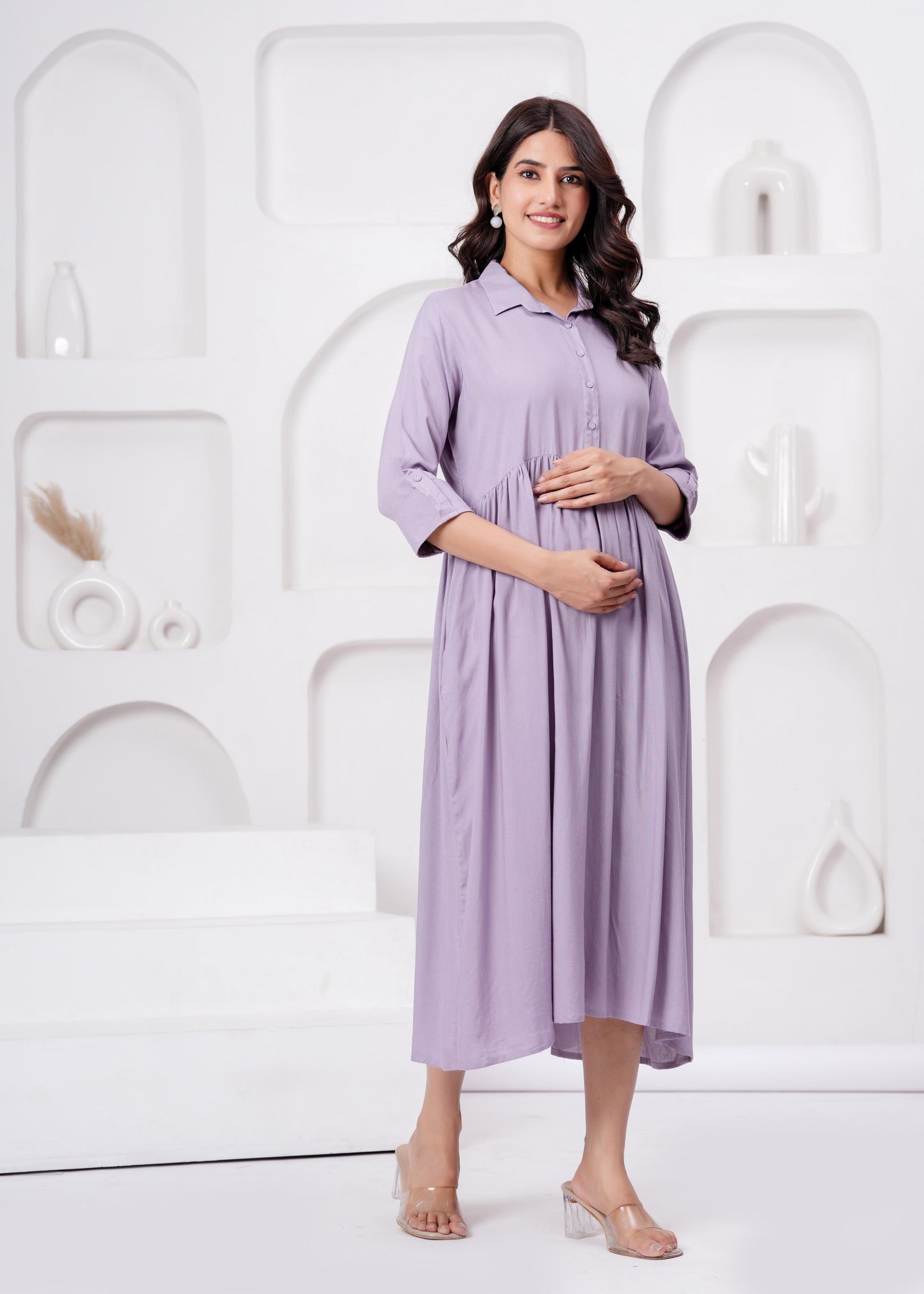 Lavender Solid Flared Maternity Dress For Women | LASVINI - Redefining Indian Fashion with Elegance