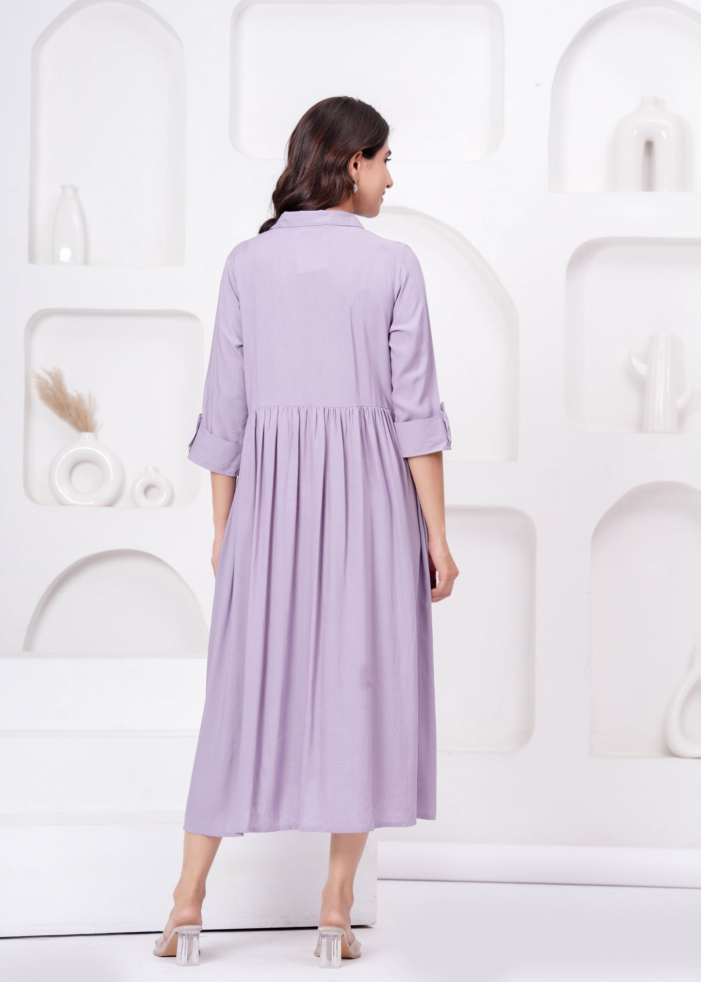 Lavender Solid Flared Maternity Dress For Women | LASVINI - Redefining Indian Fashion with Elegance