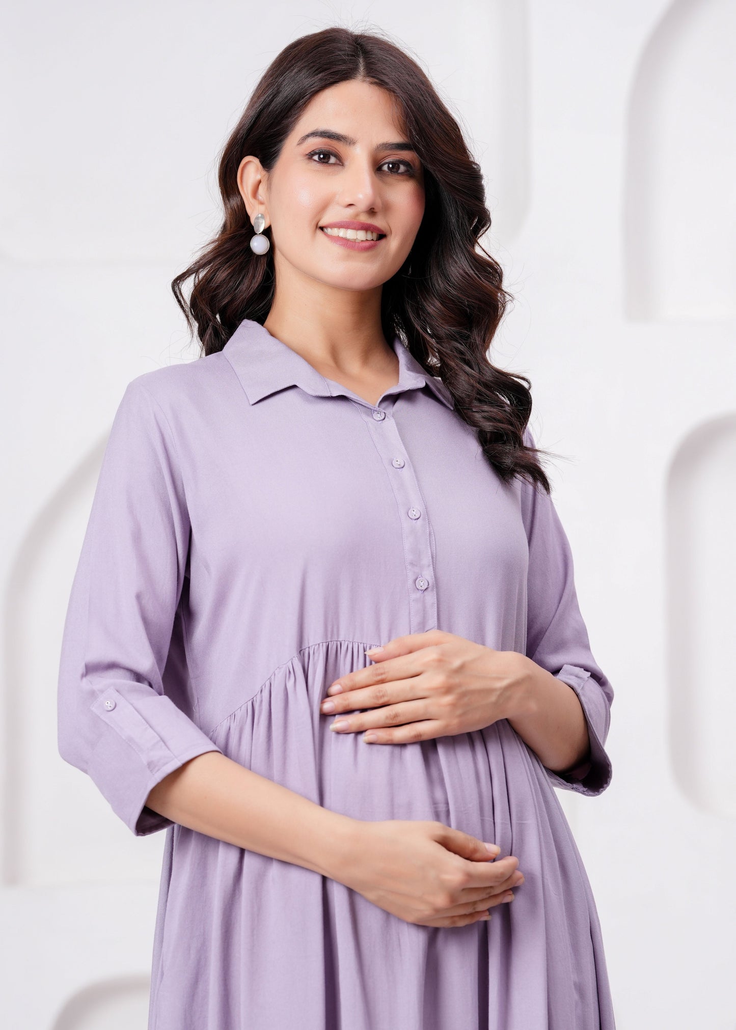 Lavender Solid Flared Maternity Dress For Women | LASVINI - Redefining Indian Fashion with Elegance