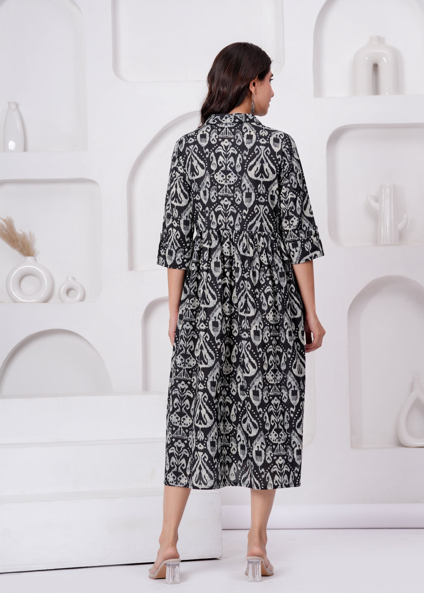 Black Printed Flared Maternity Dress For Women | LASVINI - Redefining Indian Fashion with Elegance