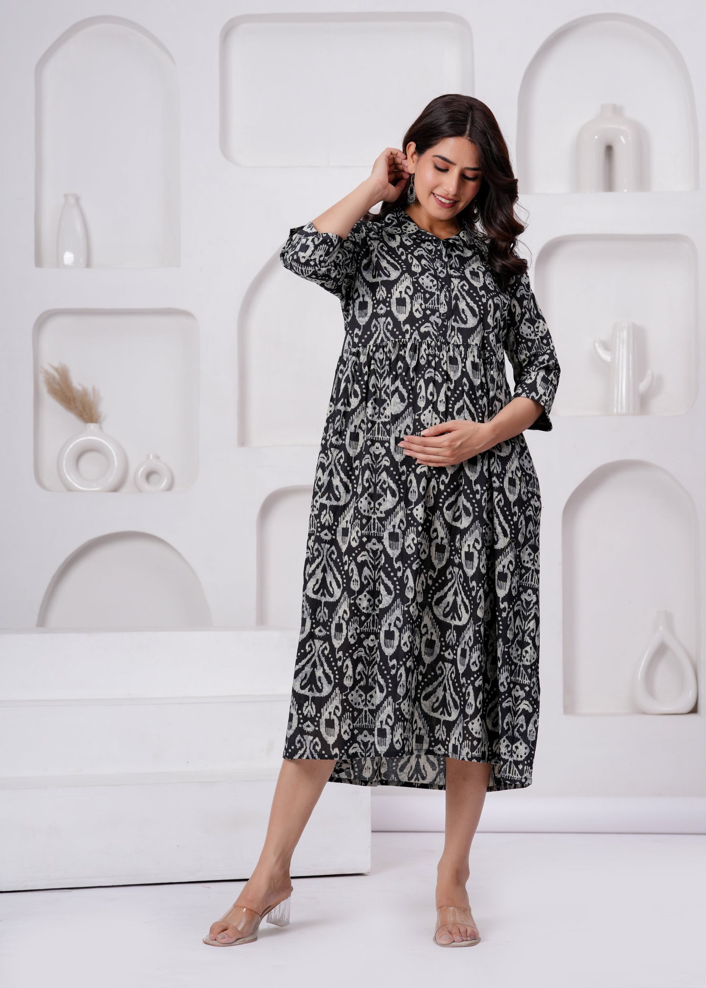 Black Printed Flared Maternity Dress For Women | LASVINI - Redefining Indian Fashion with Elegance