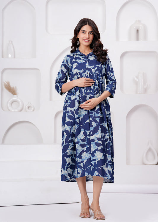 Blue Printed Flared Maternity Dress For Women | LASVINI - Redefining Indian Fashion with Elegance