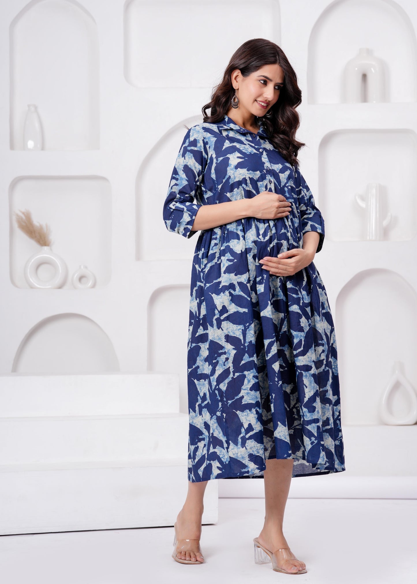 Blue Printed Flared Maternity Dress For Women | LASVINI - Redefining Indian Fashion with Elegance