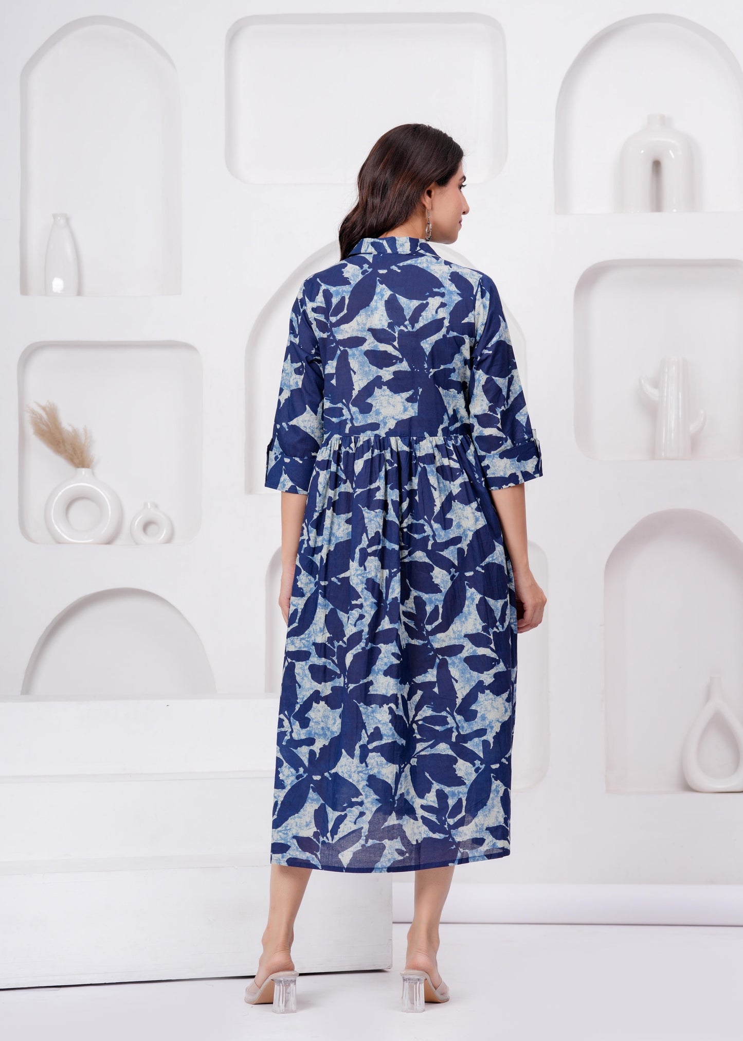 Blue Printed Flared Maternity Dress For Women | LASVINI - Redefining Indian Fashion with Elegance