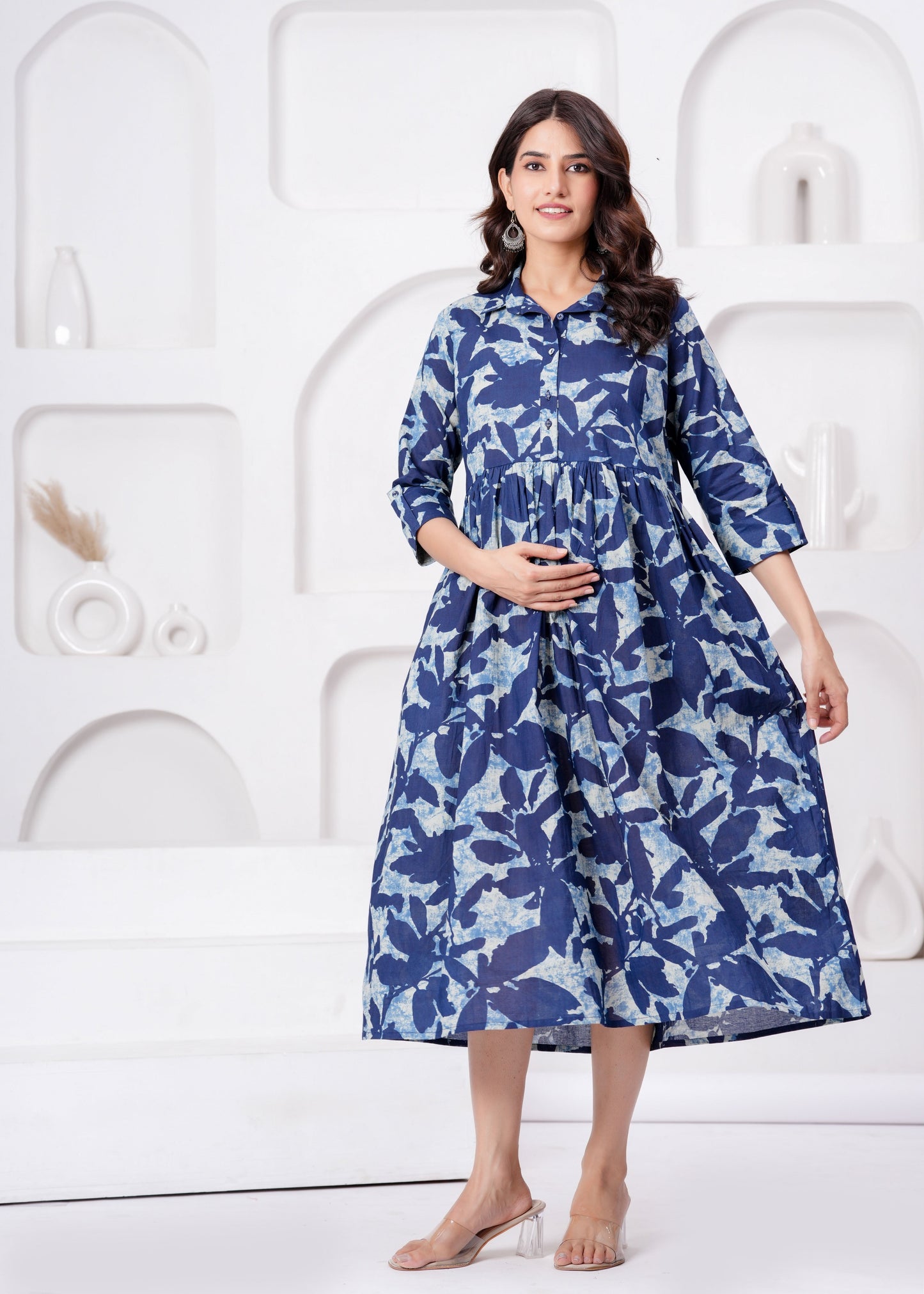 Blue Printed Flared Maternity Dress For Women | LASVINI - Redefining Indian Fashion with Elegance