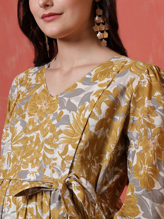 Mustard Printed Flared Maternity Dress for Women | LASVINI - Redefining Indian Fashion with Elegance