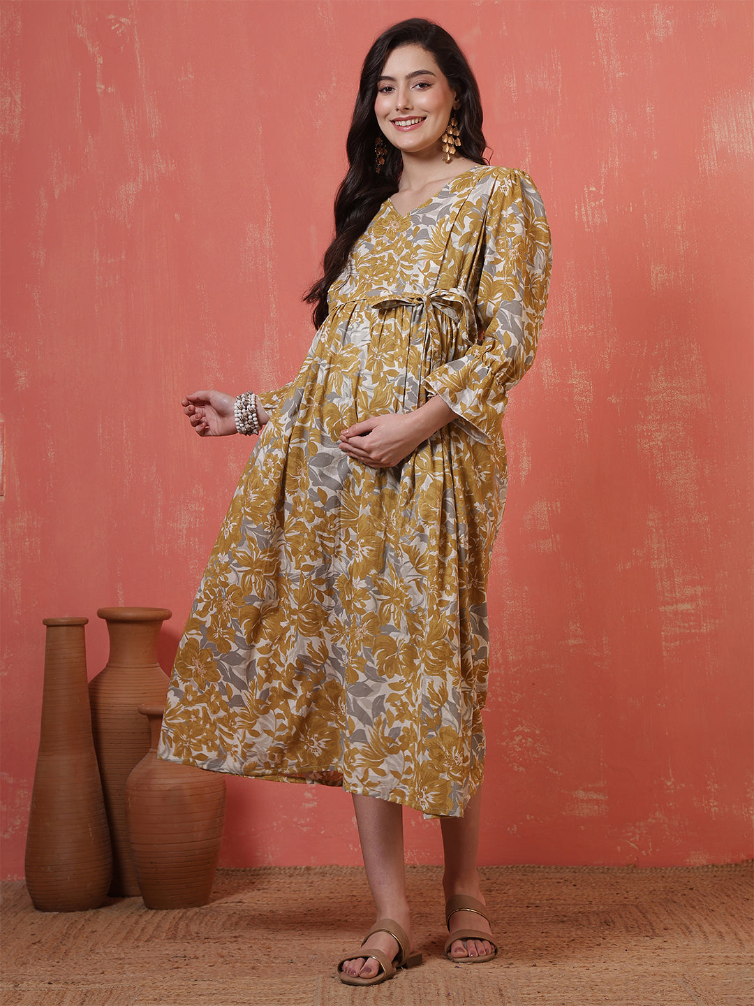 Mustard Printed Flared Maternity Dress for Women | LASVINI - Redefining Indian Fashion with Elegance