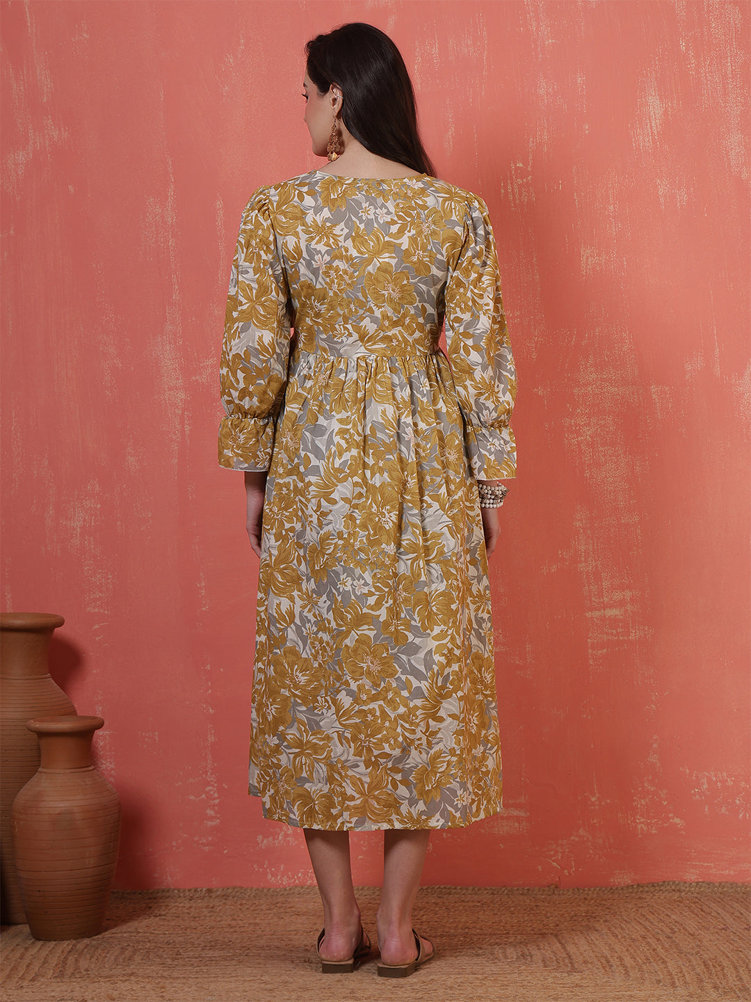 Mustard Printed Flared Maternity Dress for Women | LASVINI - Redefining Indian Fashion with Elegance