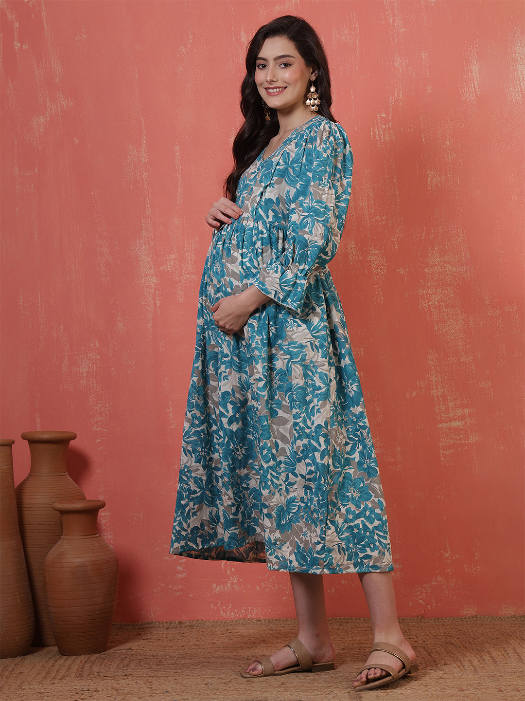 Women Printed Flared Maternity Dress | LASVINI - Redefining Indian Fashion with Elegance