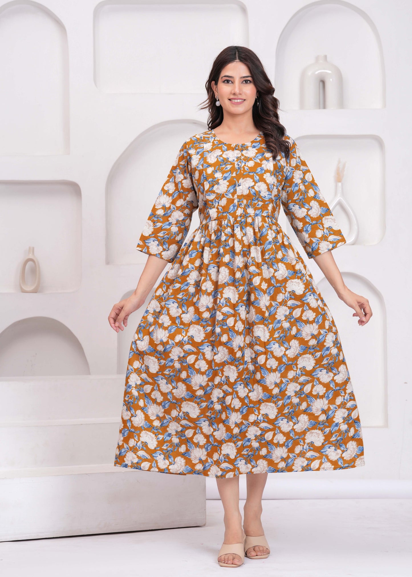 Women Floral Printed Flared Maternity Dress | LASVINI - Redefining Indian Fashion with Elegance