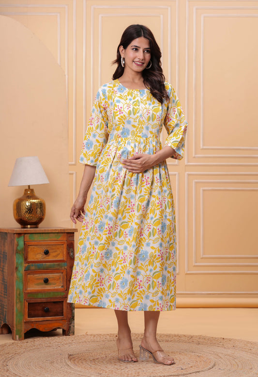 Yellow Floral Printed Flared Maternity Dress for Women | LASVINI - Redefining Indian Fashion with Elegance