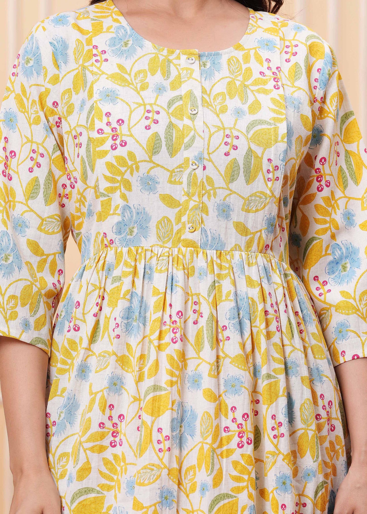 Yellow Floral Printed Flared Maternity Dress for Women | LASVINI - Redefining Indian Fashion with Elegance