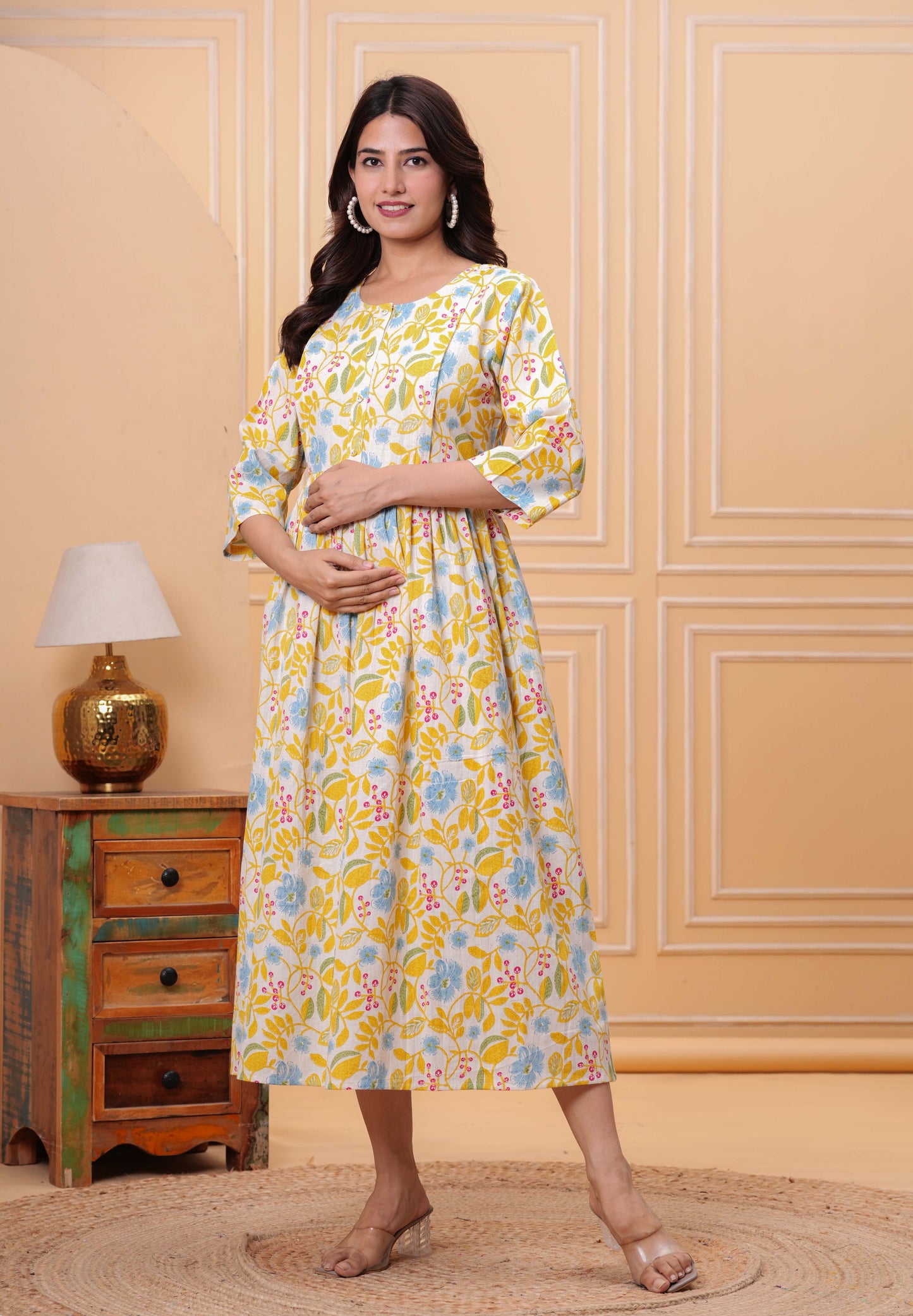 Yellow Floral Printed Flared Maternity Dress for Women | LASVINI - Redefining Indian Fashion with Elegance