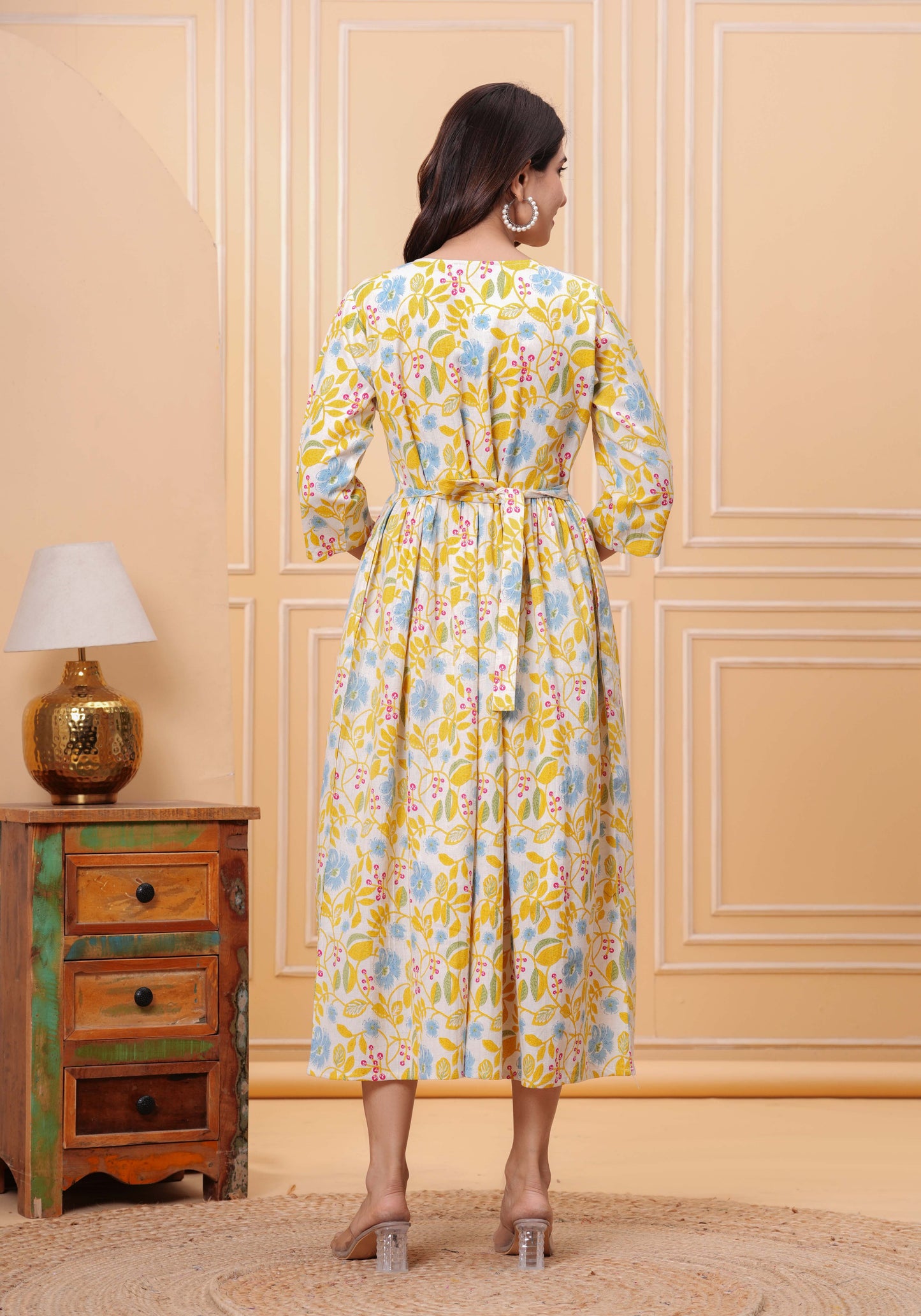 Yellow Floral Printed Flared Maternity Dress for Women | LASVINI - Redefining Indian Fashion with Elegance