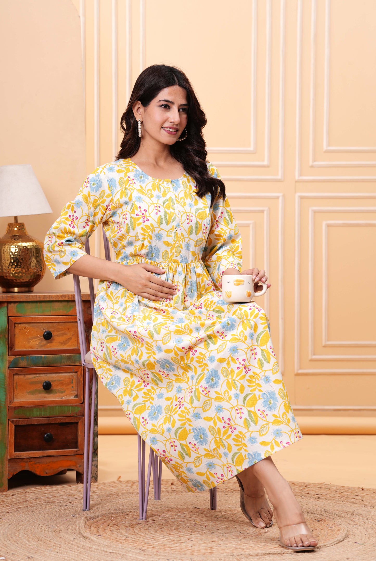 Yellow Floral Printed Flared Maternity Dress for Women | LASVINI - Redefining Indian Fashion with Elegance