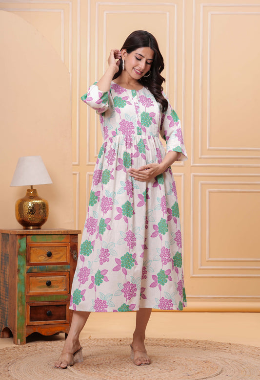 Women Printed Flared Maternity Dress | LASVINI - Redefining Indian Fashion with Elegance
