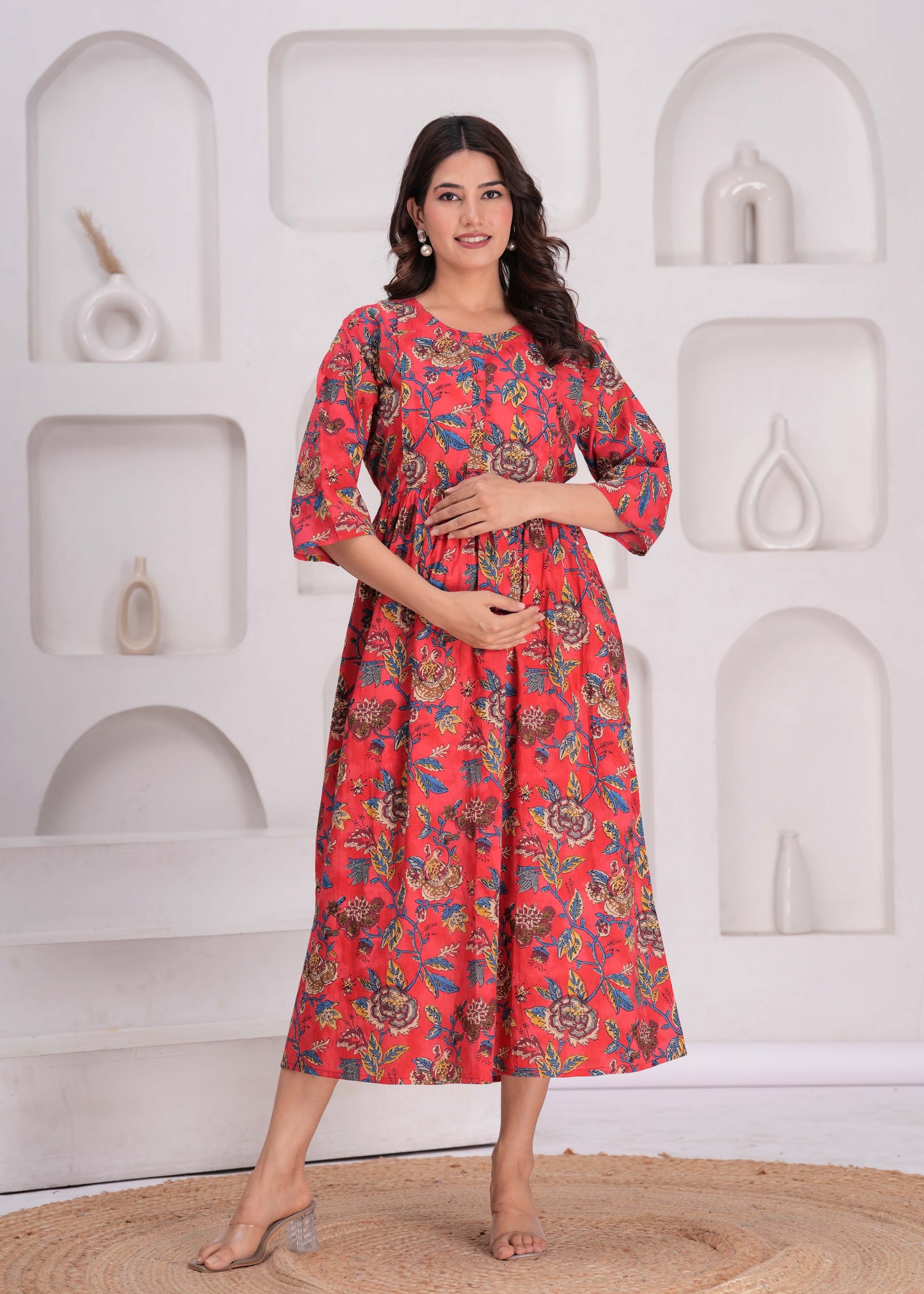 Maroon Floral Printed Flared Maternity Dress for Women | LASVINI - Redefining Indian Fashion with Elegance