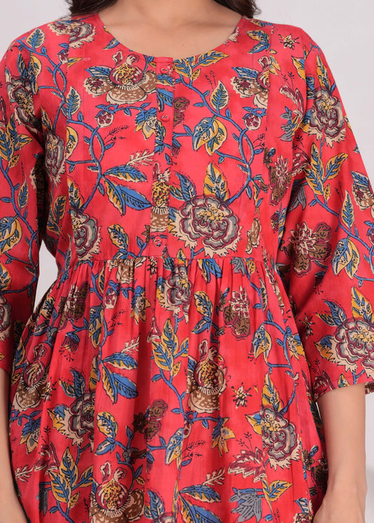 Maroon Floral Printed Flared Maternity Dress for Women | LASVINI - Redefining Indian Fashion with Elegance