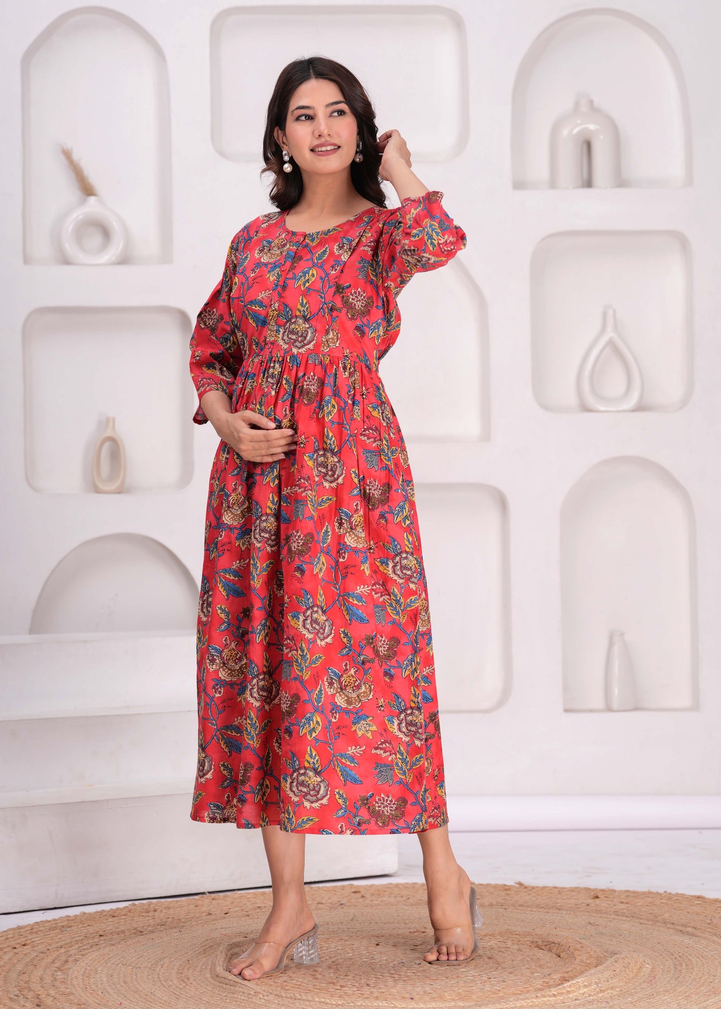 Maroon Floral Printed Flared Maternity Dress for Women | LASVINI - Redefining Indian Fashion with Elegance