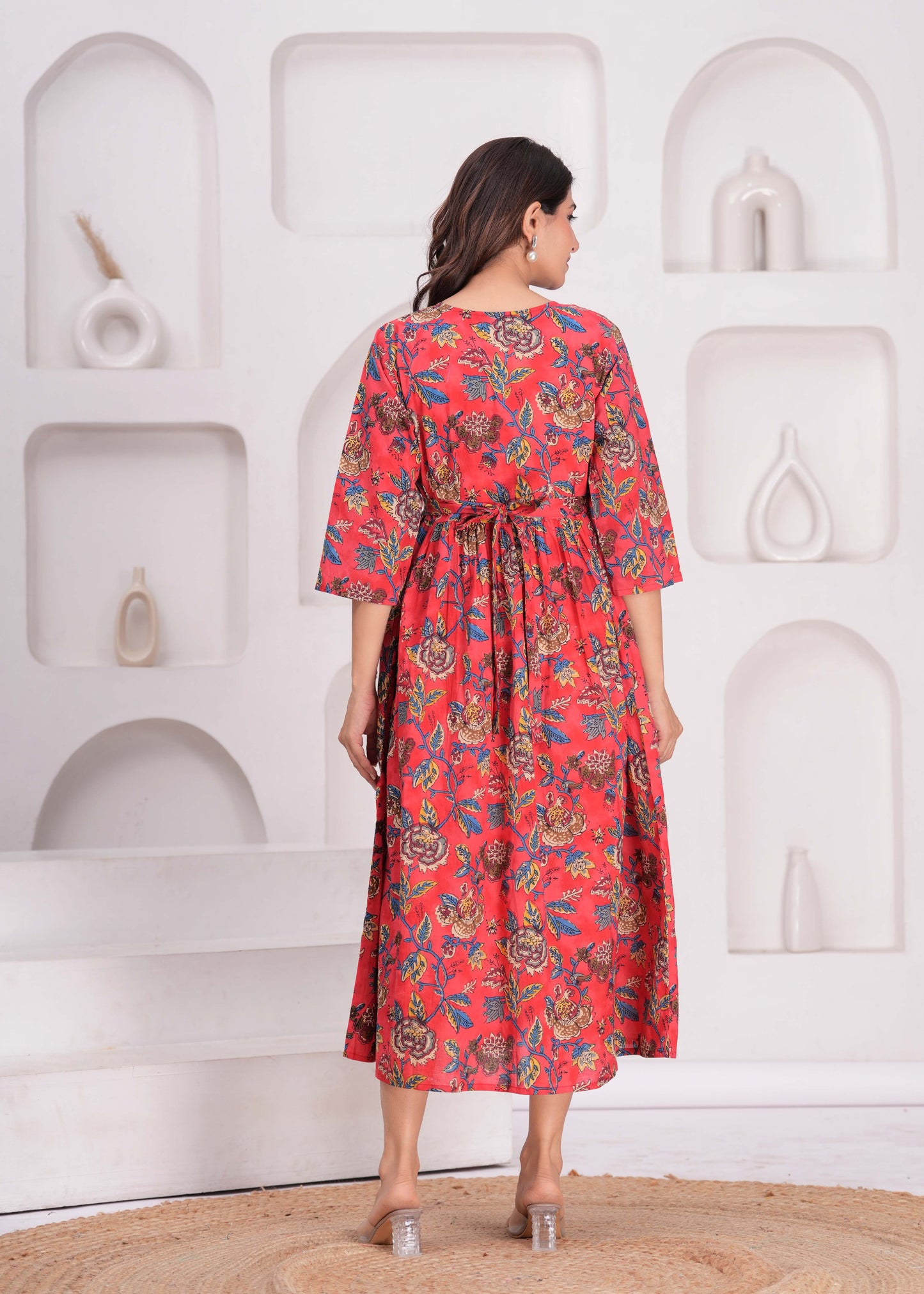 Maroon Floral Printed Flared Maternity Dress for Women | LASVINI - Redefining Indian Fashion with Elegance