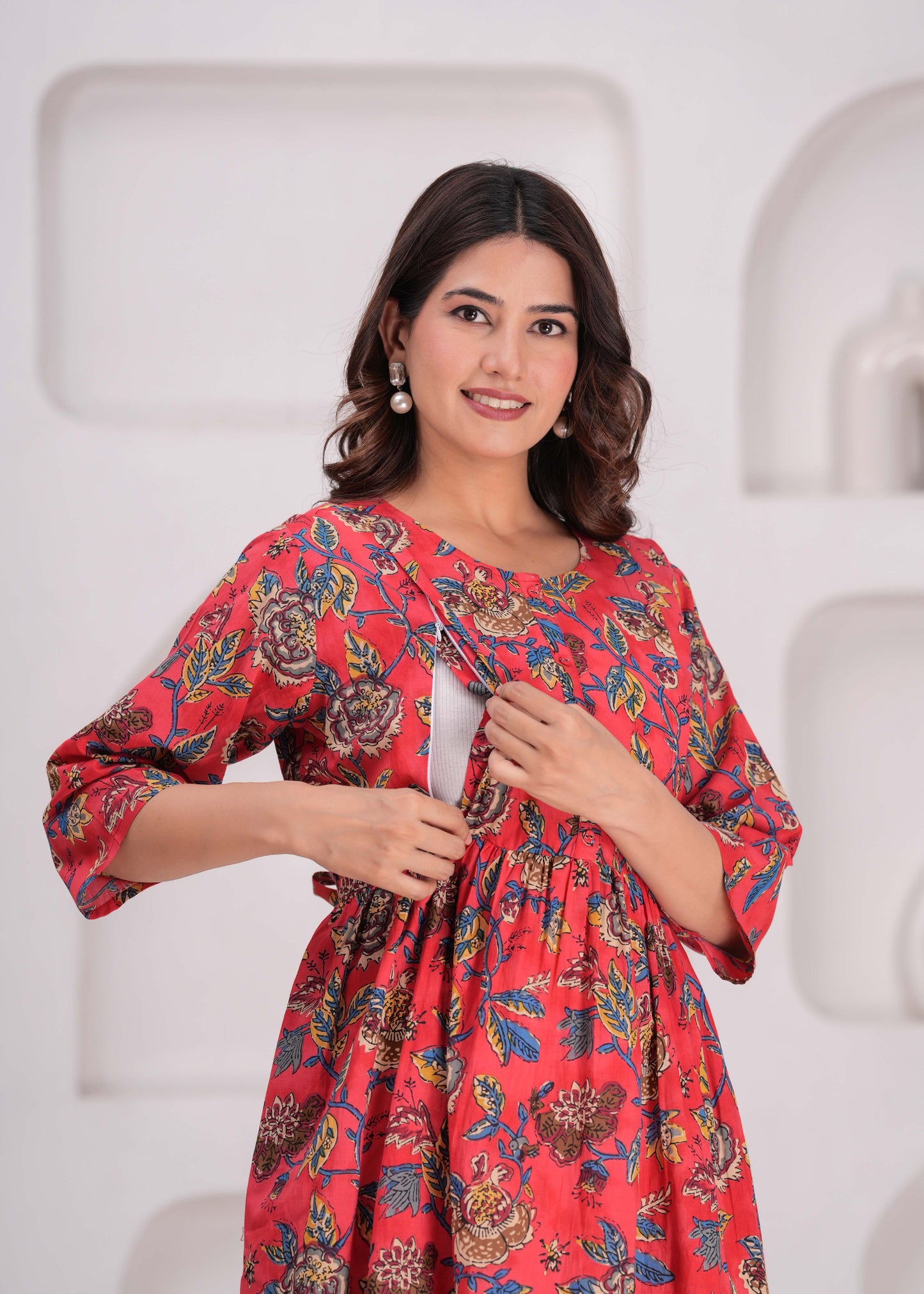 Maroon Floral Printed Flared Maternity Dress for Women | LASVINI - Redefining Indian Fashion with Elegance