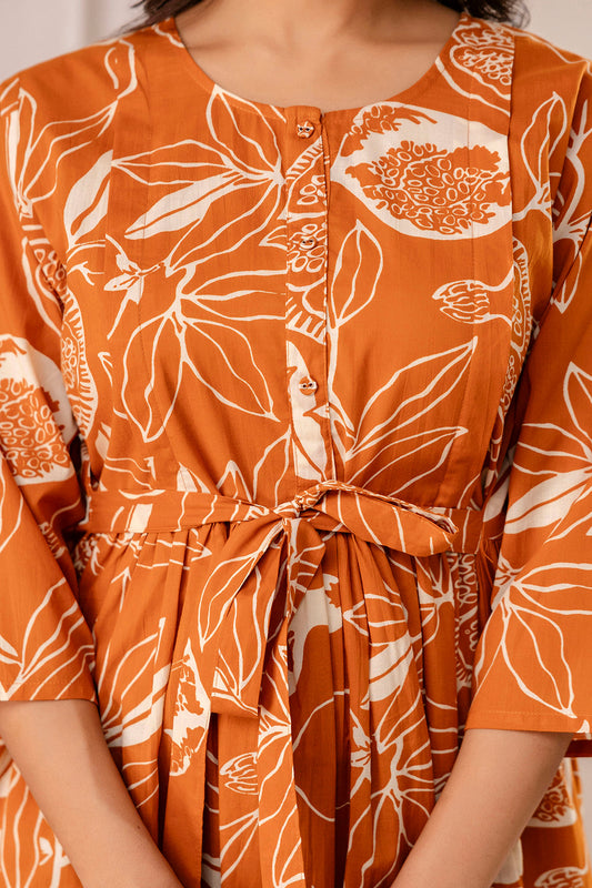 Rust Printed Maternity Dress for Women | LASVINI - Redefining Indian Fashion with Elegance