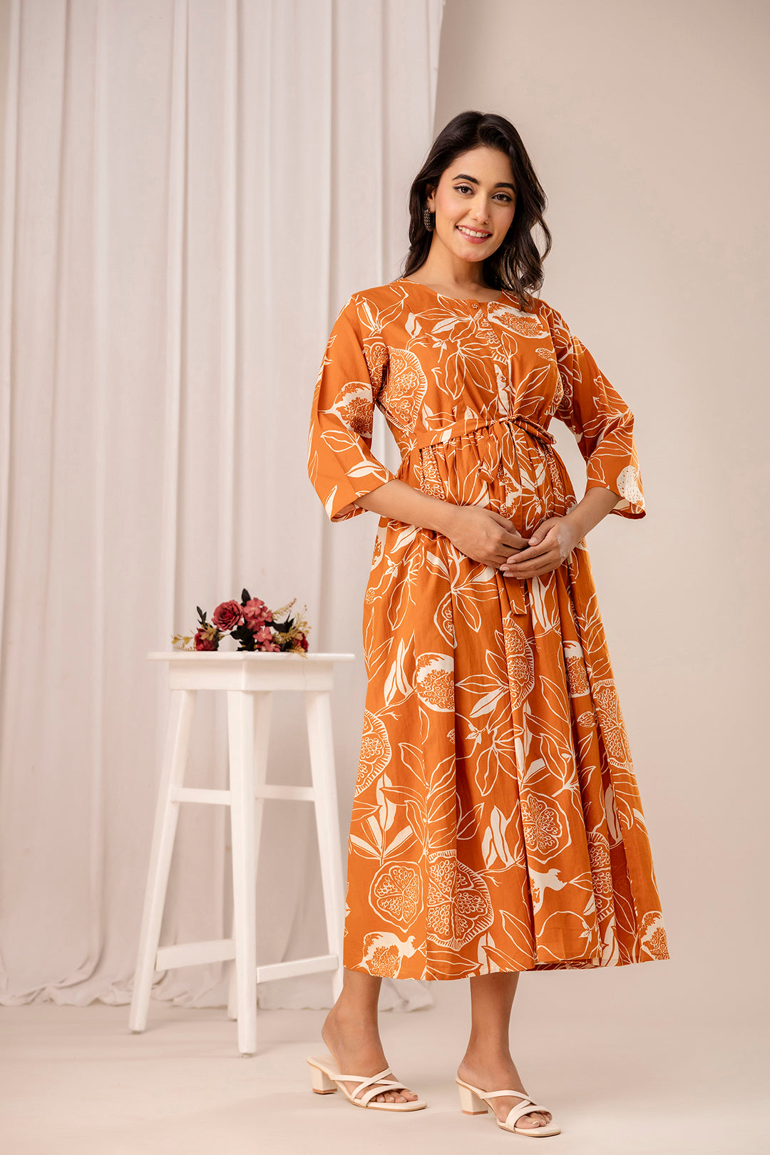 Rust Printed Maternity Dress for Women | LASVINI - Redefining Indian Fashion with Elegance