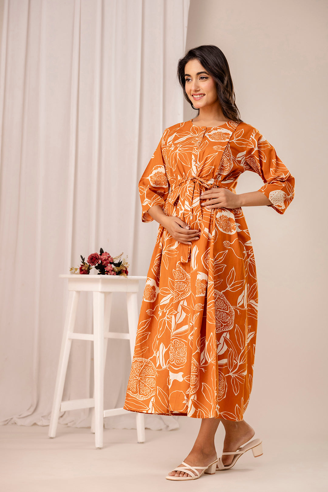 Rust Printed Maternity Dress for Women | LASVINI - Redefining Indian Fashion with Elegance