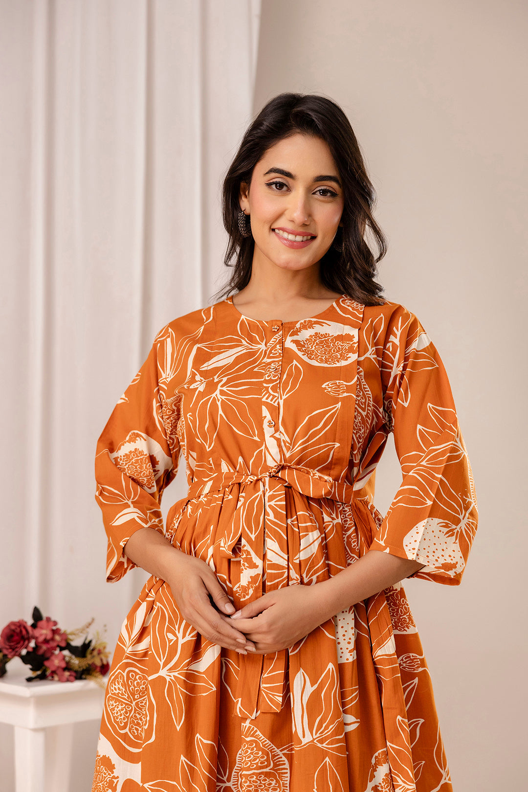 Rust Printed Maternity Dress for Women | LASVINI - Redefining Indian Fashion with Elegance
