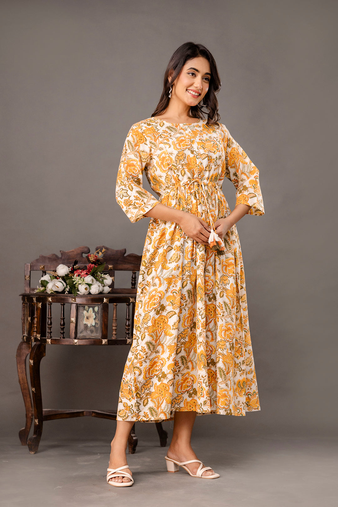 Yellow Printed Maternity Dress for Women | LASVINI - Redefining Indian Fashion with Elegance