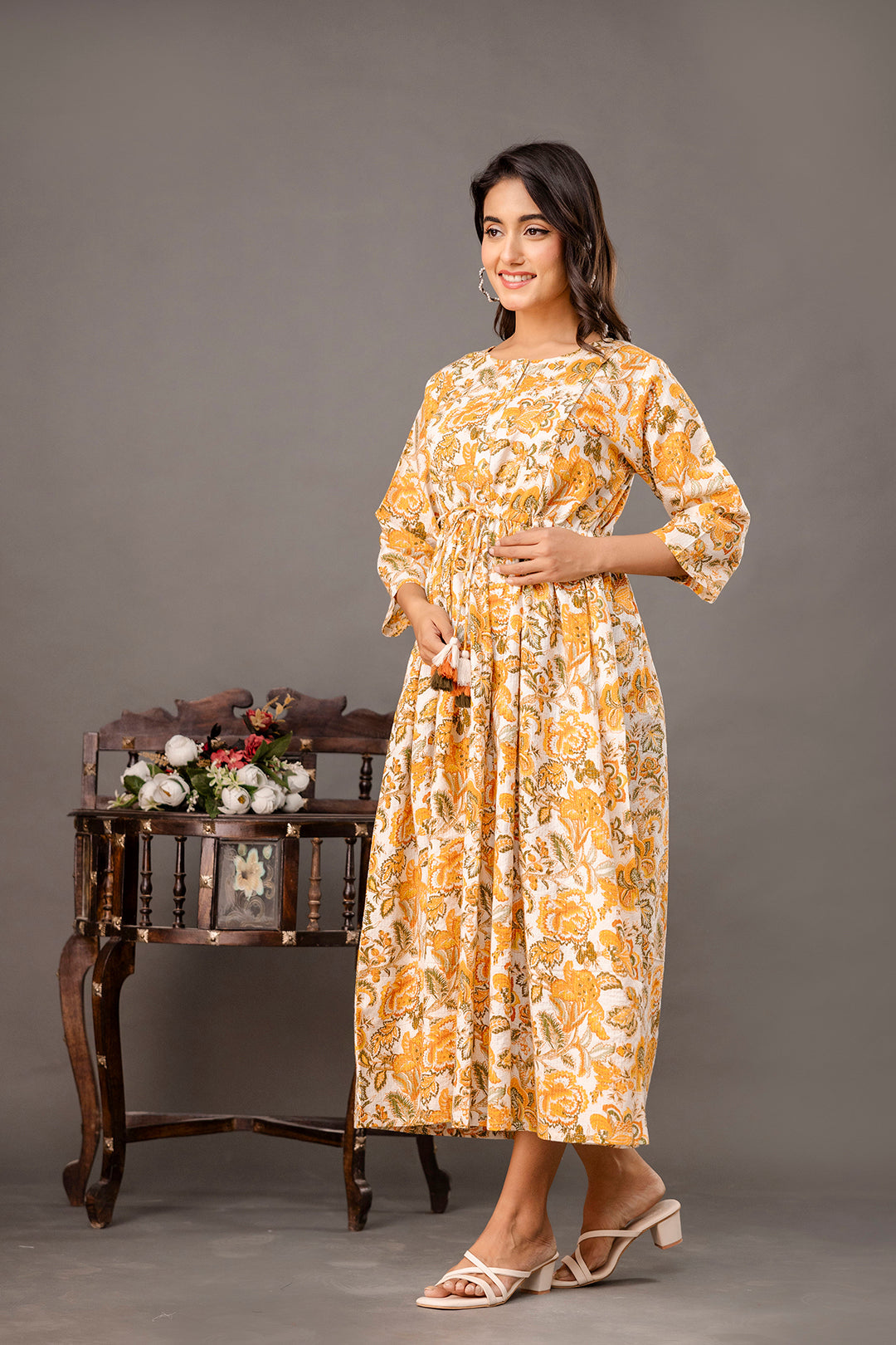 Yellow Printed Maternity Dress for Women | LASVINI - Redefining Indian Fashion with Elegance