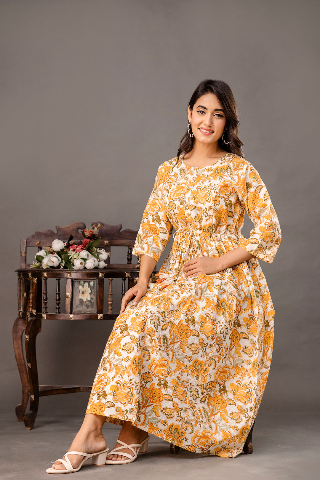 Yellow Printed Maternity Dress for Women | LASVINI - Redefining Indian Fashion with Elegance