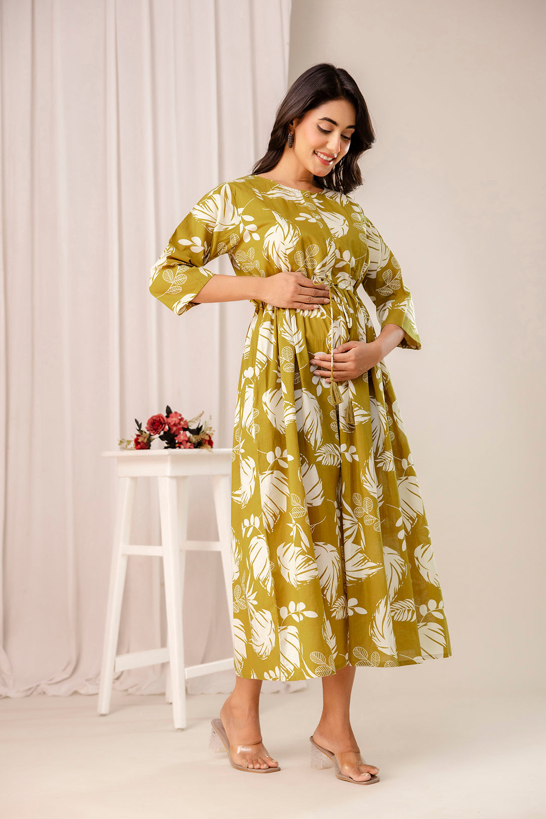 Olive Tropical Printed Maternity Dress for Women | LASVINI - Redefining Indian Fashion with Elegance