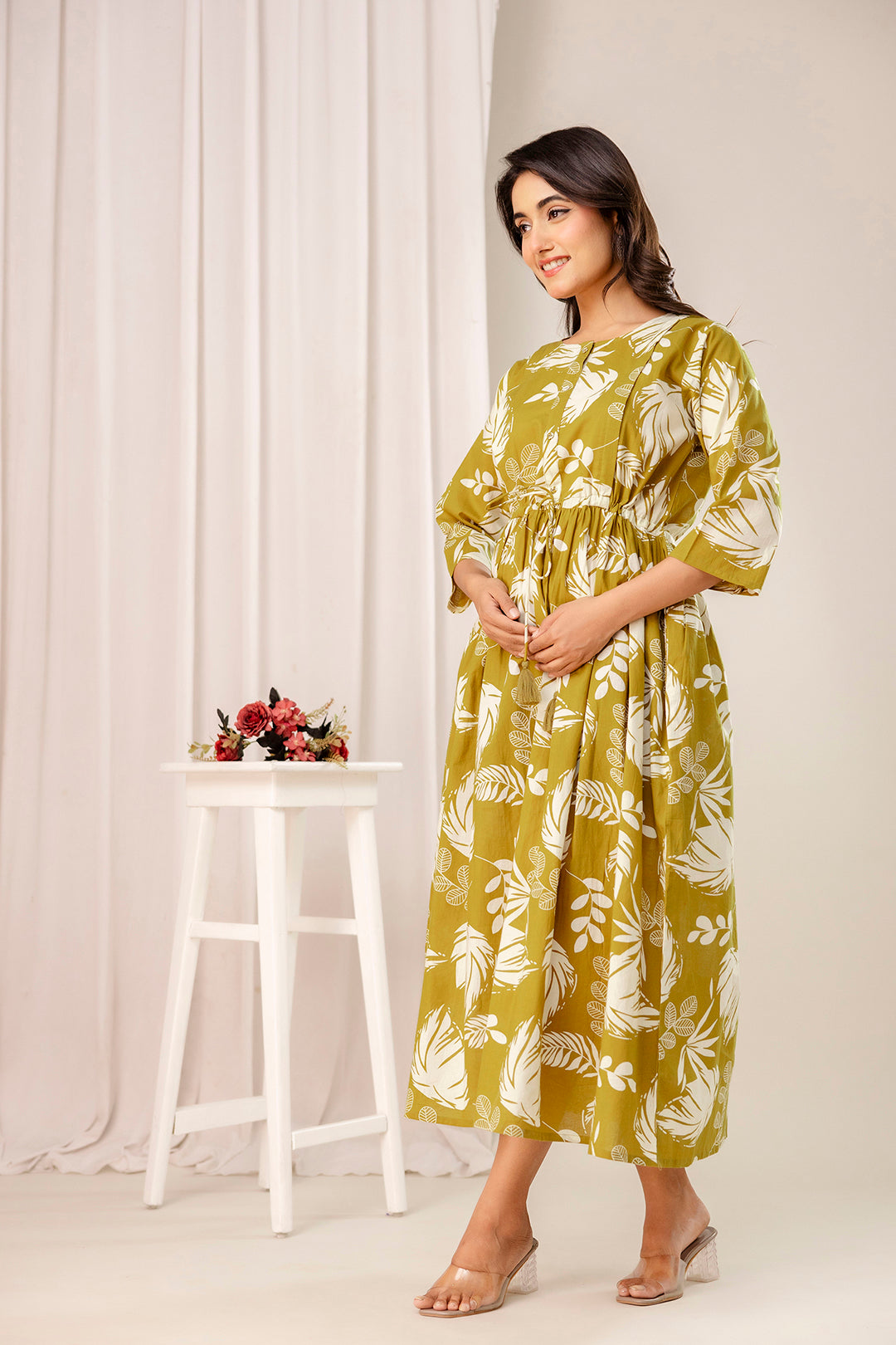 Olive Tropical Printed Maternity Dress for Women | LASVINI - Redefining Indian Fashion with Elegance