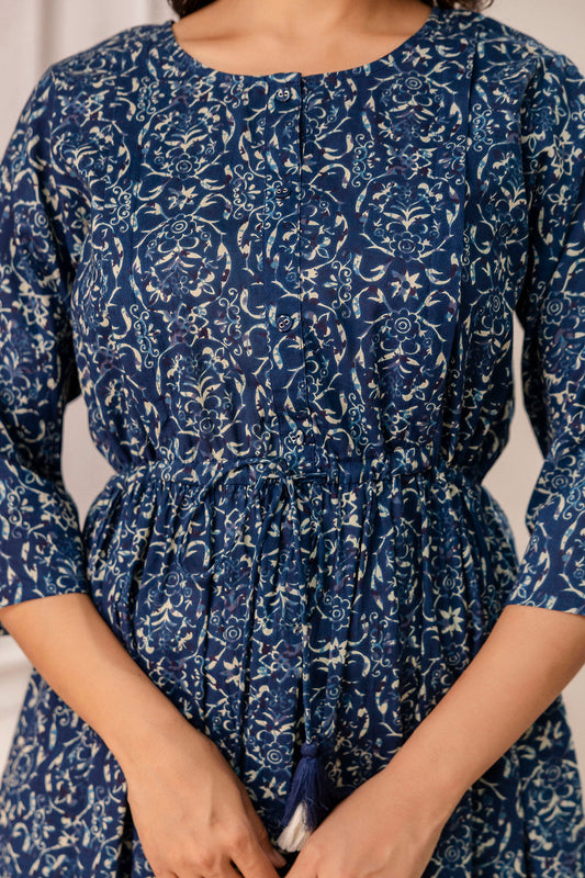 Blue Printed Maternity Dress fro Women | LASVINI - Redefining Indian Fashion with Elegance