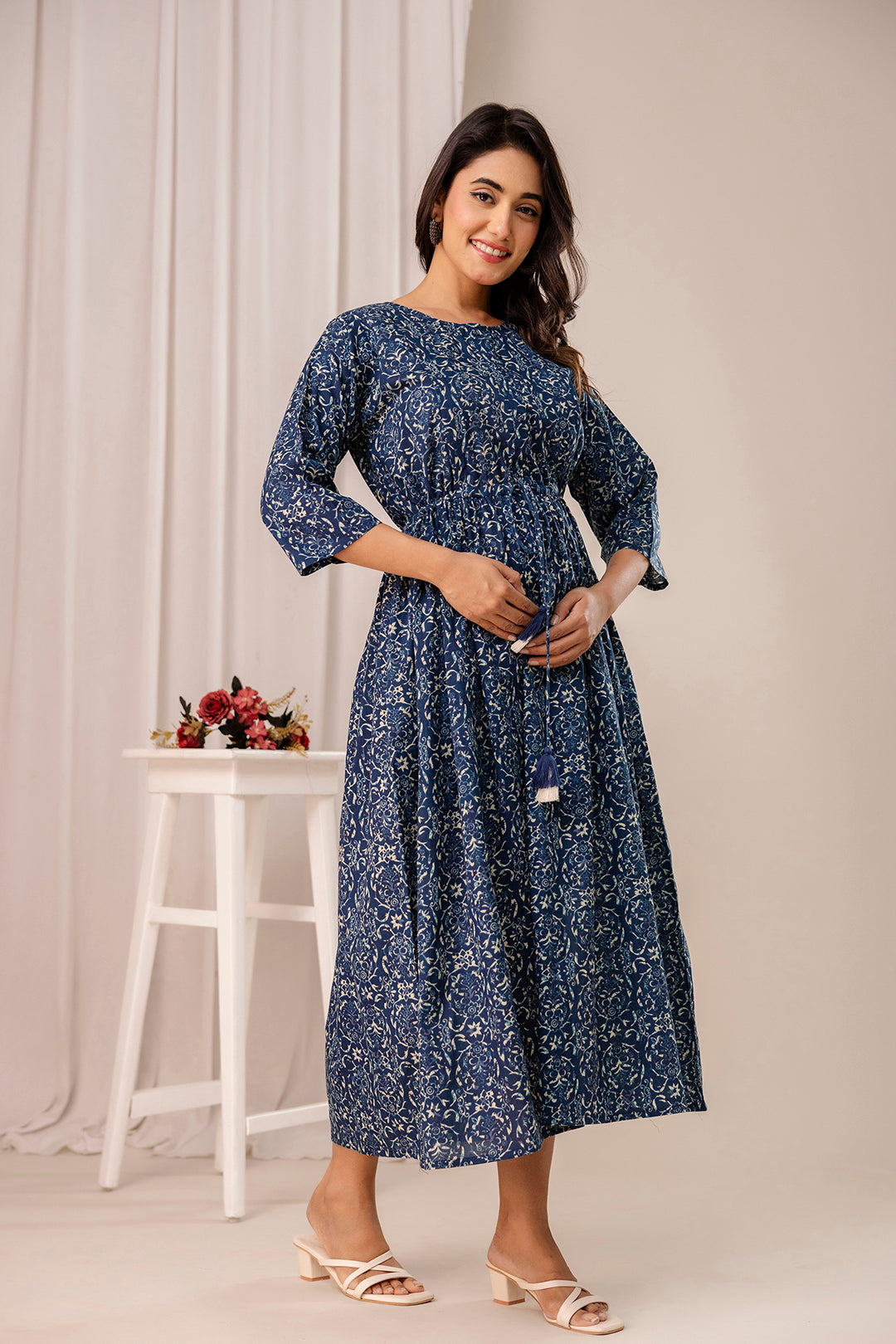 Blue Printed Maternity Dress fro Women | LASVINI - Redefining Indian Fashion with Elegance