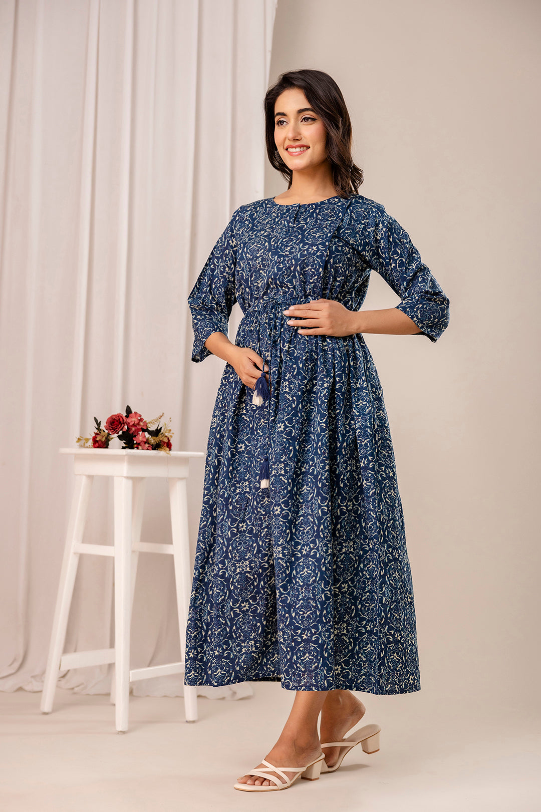 Blue Printed Maternity Dress fro Women | LASVINI - Redefining Indian Fashion with Elegance