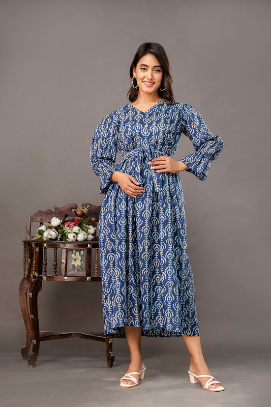 Blue Printed Maternity Dress fro Women | LASVINI - Redefining Indian Fashion with Elegance