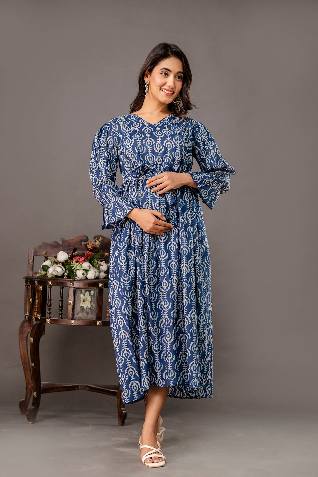 Blue Printed Maternity Dress fro Women | LASVINI - Redefining Indian Fashion with Elegance