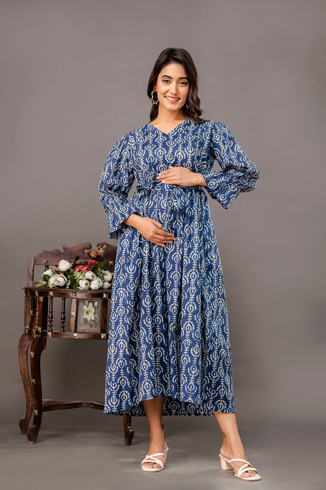 Blue Printed Maternity Dress fro Women | LASVINI - Redefining Indian Fashion with Elegance