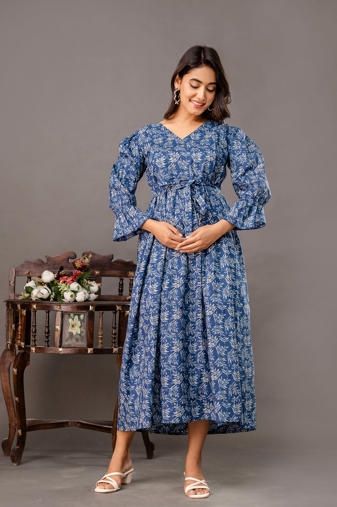 Blue Printed Maternity Dress fro Women | LASVINI - Redefining Indian Fashion with Elegance