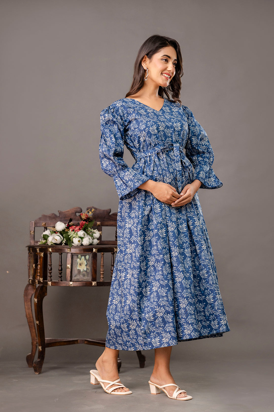 Blue Printed Maternity Dress fro Women | LASVINI - Redefining Indian Fashion with Elegance