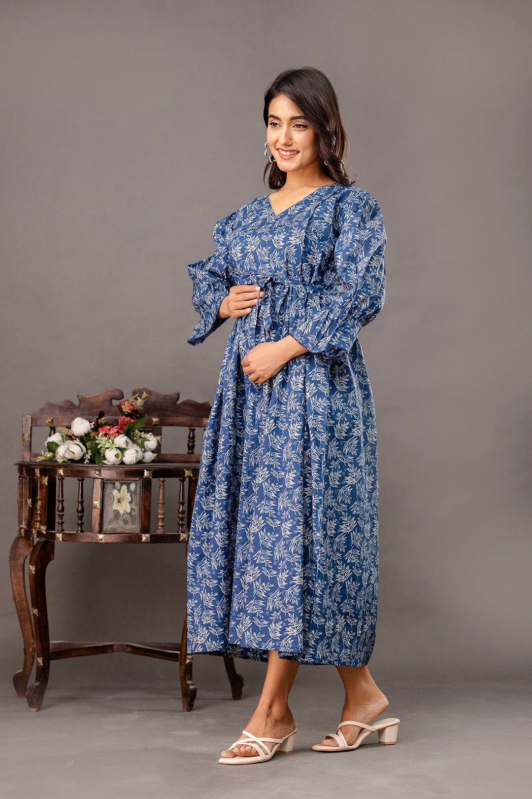 Blue Printed Maternity Dress fro Women | LASVINI - Redefining Indian Fashion with Elegance