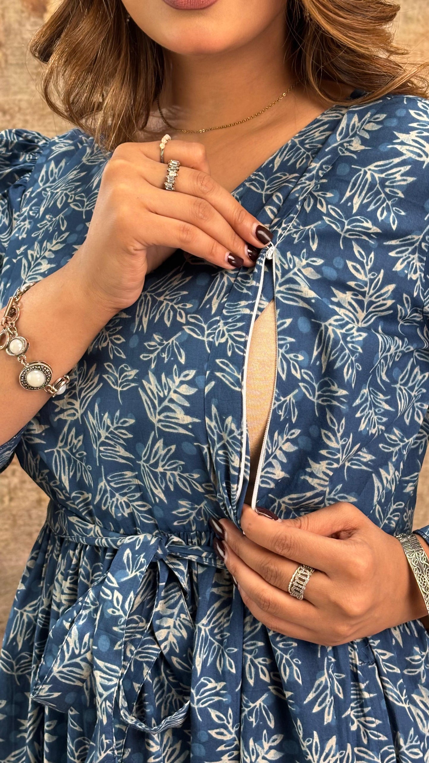 Blue Printed Maternity Dress fro Women | LASVINI - Redefining Indian Fashion with Elegance