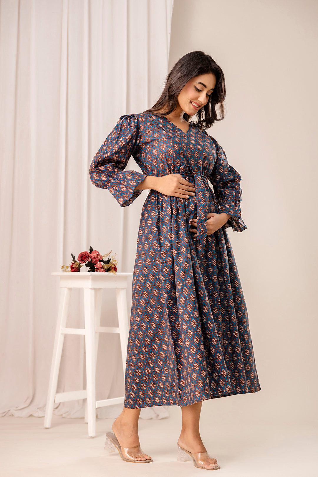 Teal Printed Maternity Dress for Women | LASVINI - Redefining Indian Fashion with Elegance