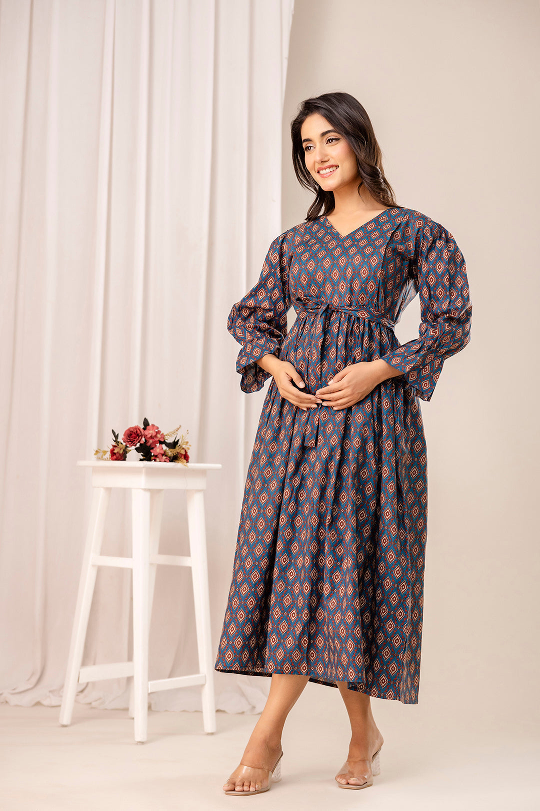 Teal Printed Maternity Dress for Women | LASVINI - Redefining Indian Fashion with Elegance