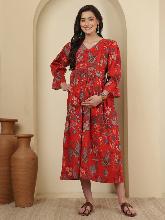 Red Floral Printed Maternity Dress fro Women | LASVINI - Redefining Indian Fashion with Elegance
