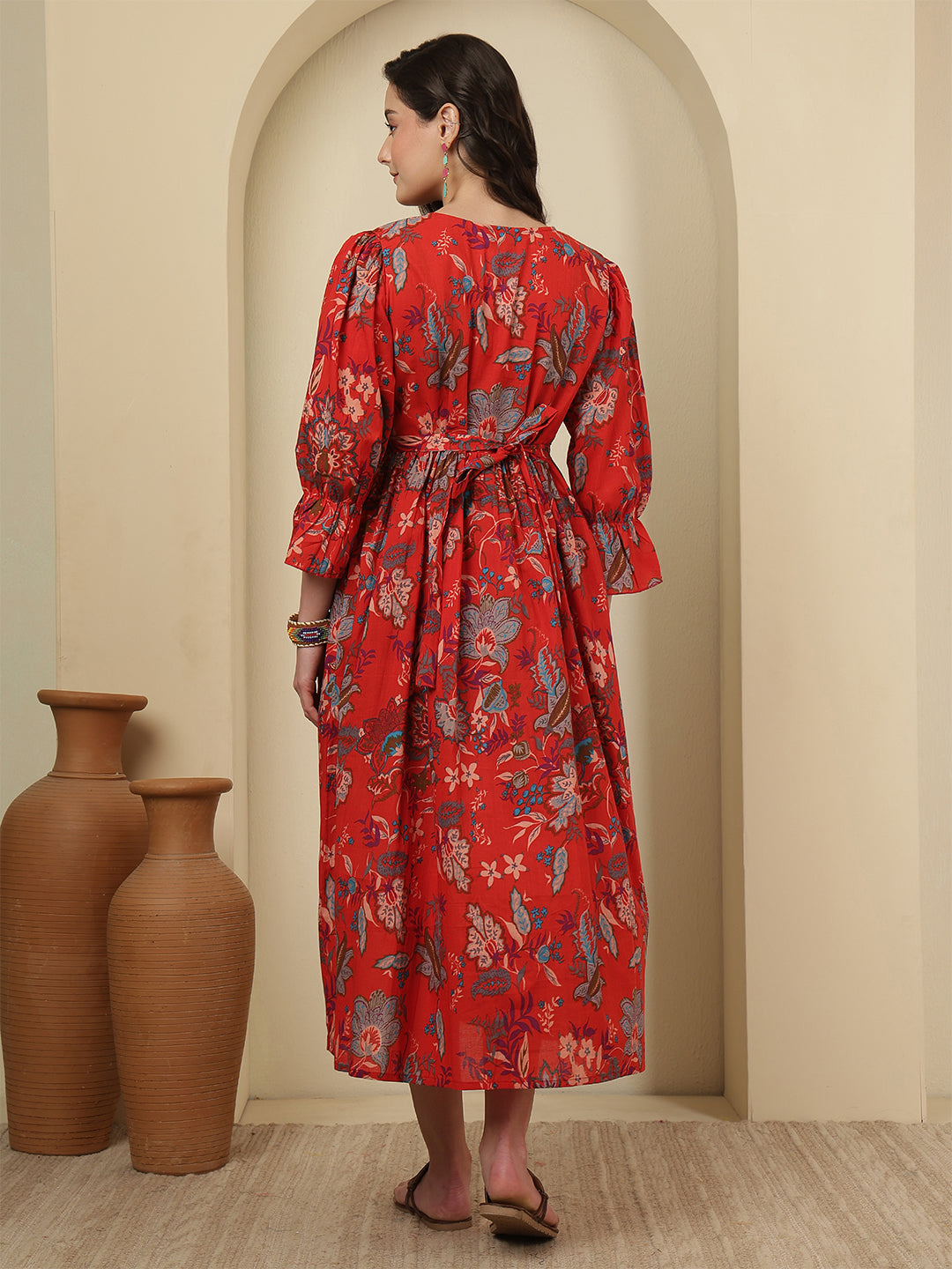 Red Floral Printed Maternity Dress fro Women | LASVINI - Redefining Indian Fashion with Elegance