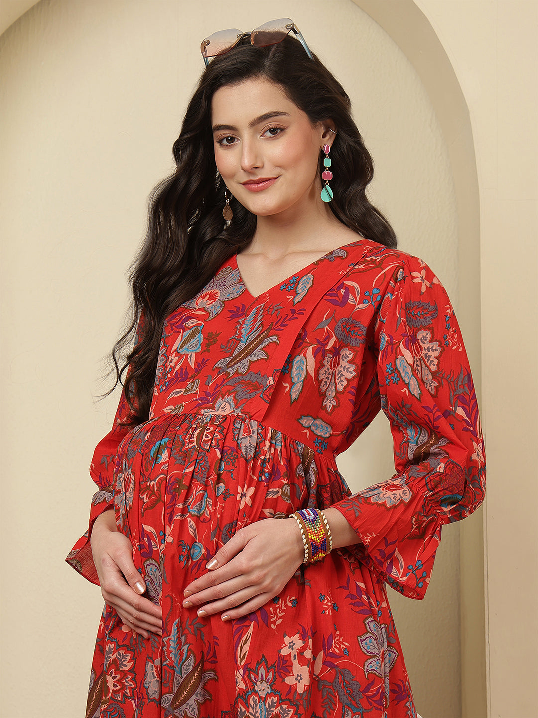 Red Floral Printed Maternity Dress fro Women | LASVINI - Redefining Indian Fashion with Elegance